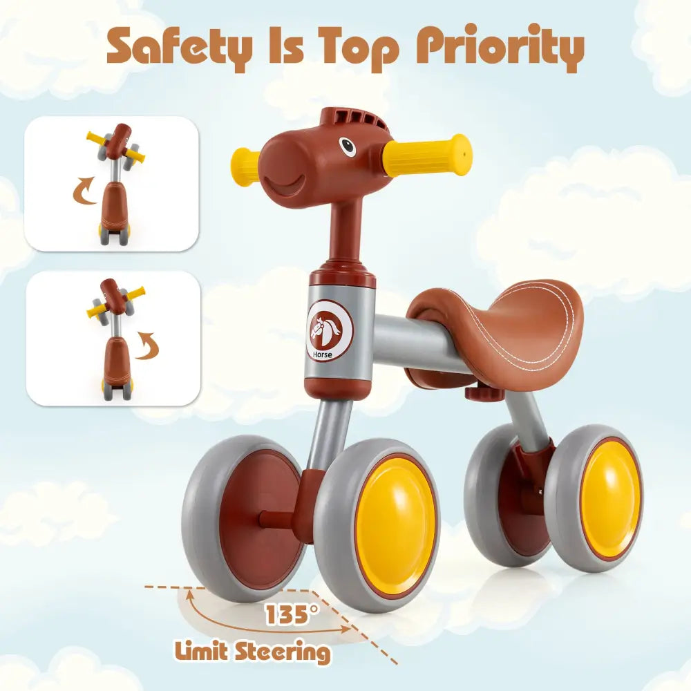 Baby Balance Bike No Pedal 4-Wheel Bicycle-Brown - Brown - Balance Bikes