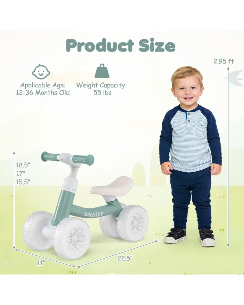 Baby Balance Bike with Adjustable Handlebar and Seat with Lighting Wheels-Green - Green - Balance Bikes