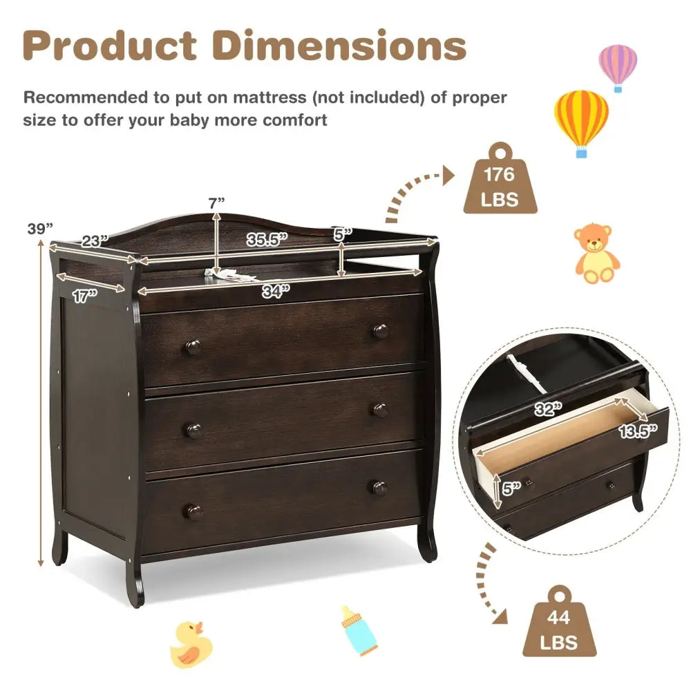 Baby Changing Table Infant Diaper with 3 Drawers and Safety Belt-Brown - Brown - Changing Tables
