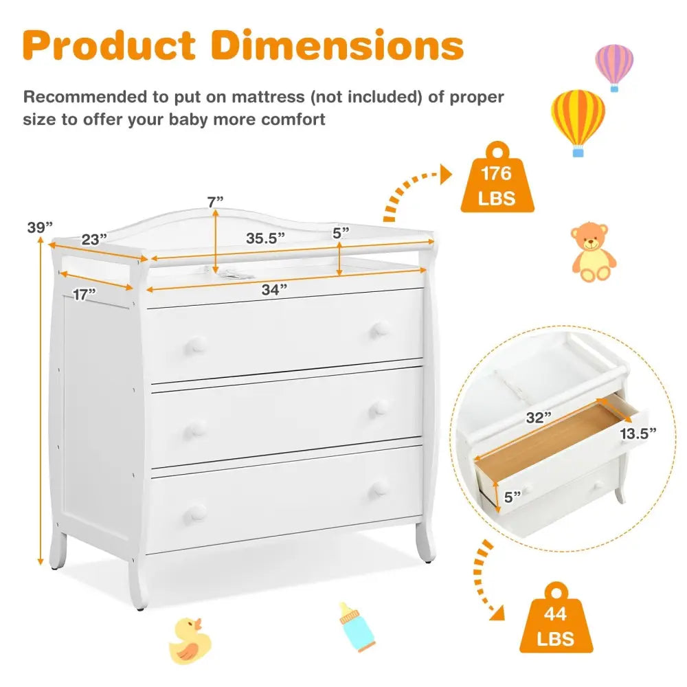 Baby Changing Table Infant Diaper with 3 Drawers and Safety Belt-White - White - Changing Tables