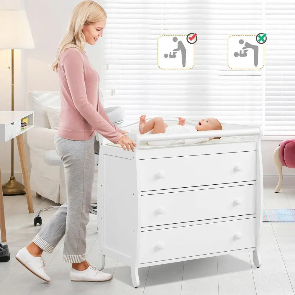 Baby Changing Table Infant Diaper with 3 Drawers and Safety Belt-White - White - Changing Tables