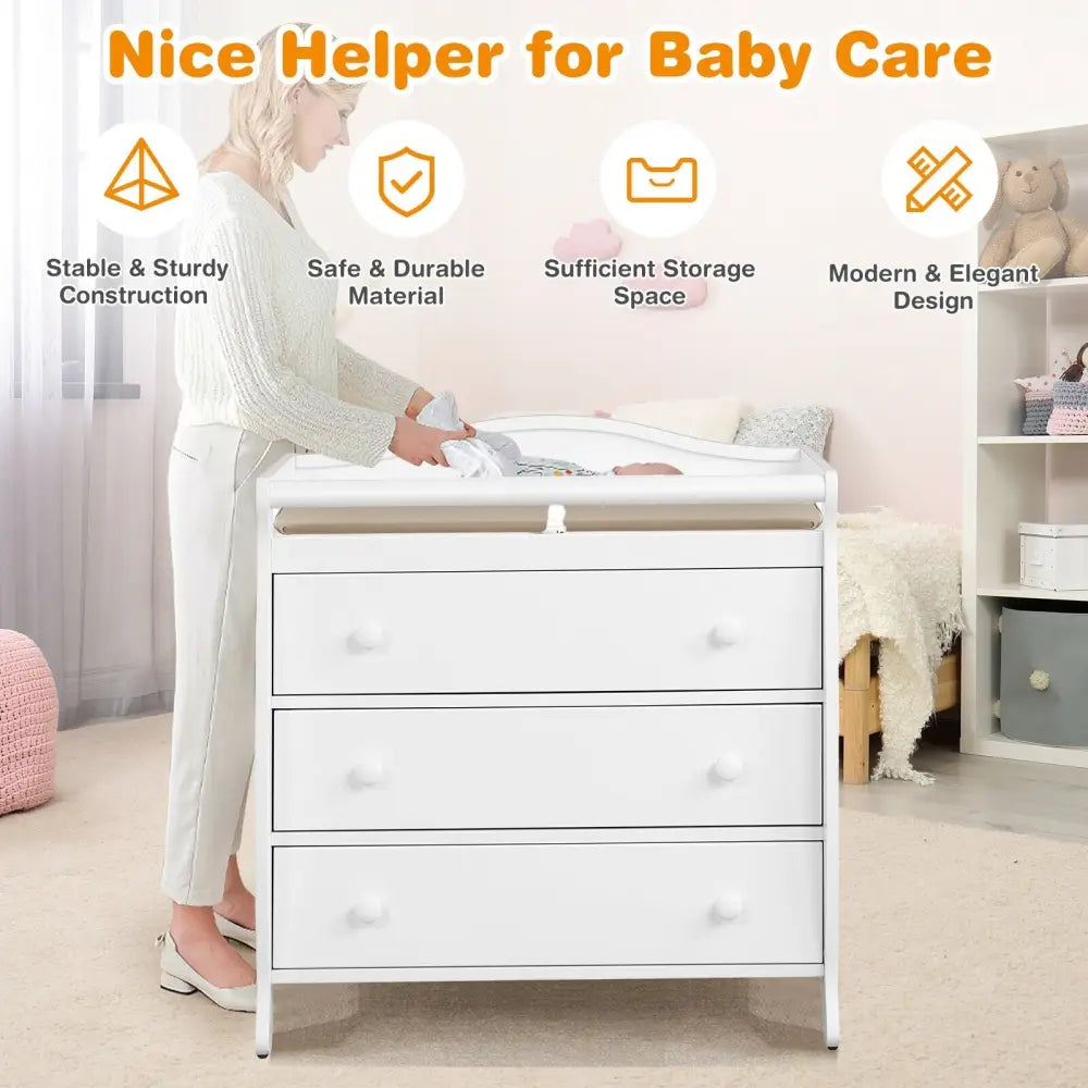 Baby Changing Table Infant Diaper with 3 Drawers and Safety Belt-White - White - Changing Tables