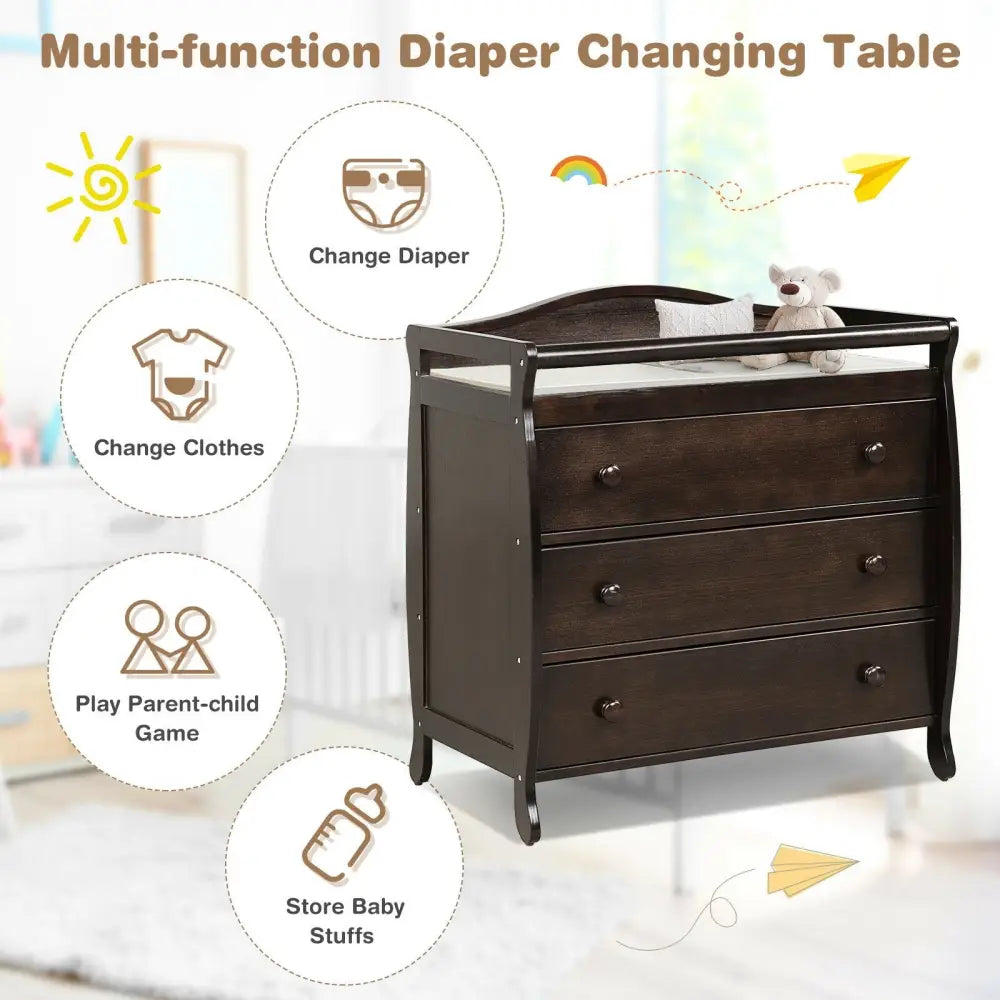 Baby Changing Table Infant Diaper with 3 Drawers and Safety Belt-Brown - Brown - Changing Tables