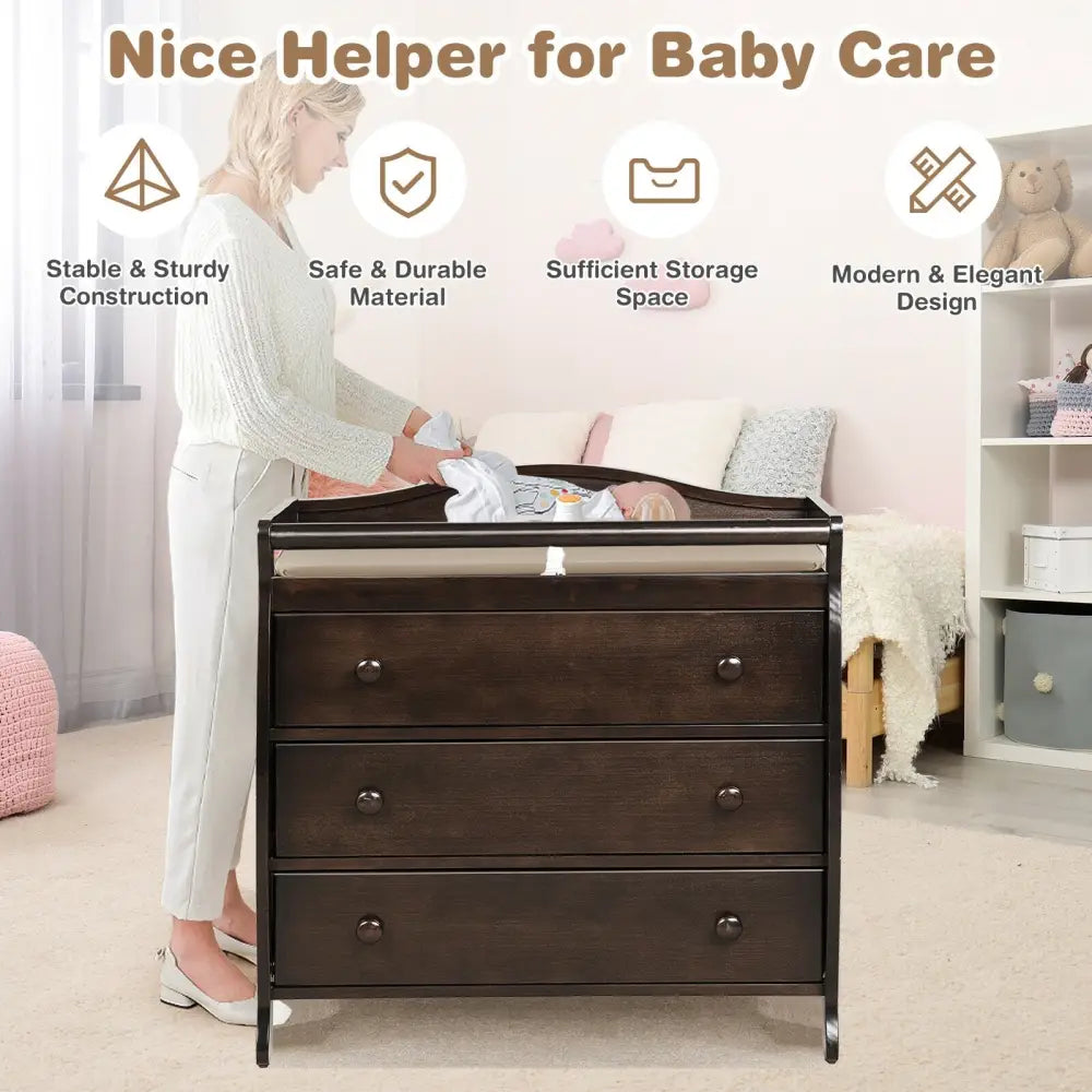 Baby Changing Table Infant Diaper with 3 Drawers and Safety Belt-Brown - Brown - Changing Tables