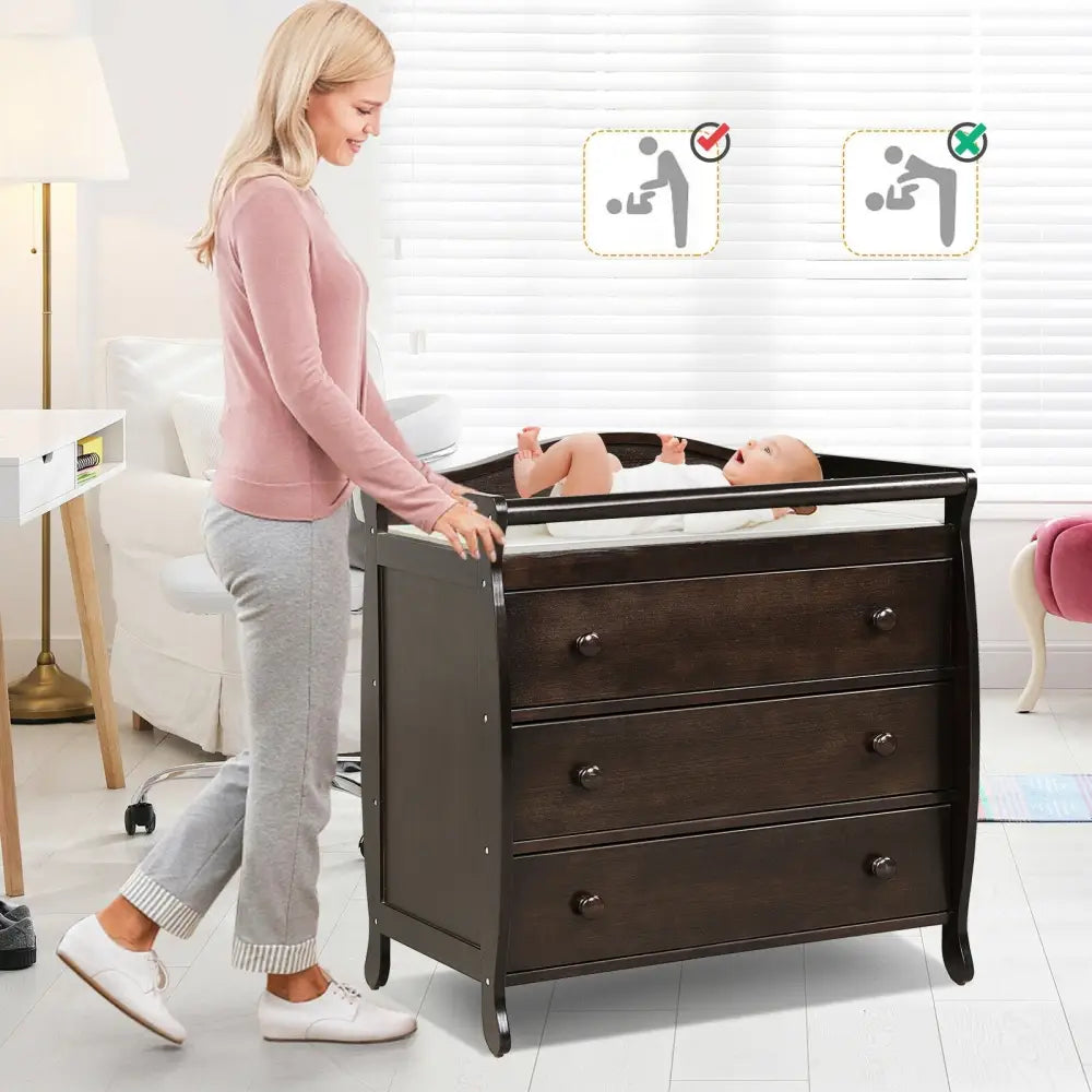 Baby Changing Table Infant Diaper with 3 Drawers and Safety Belt-Brown - Brown - Changing Tables