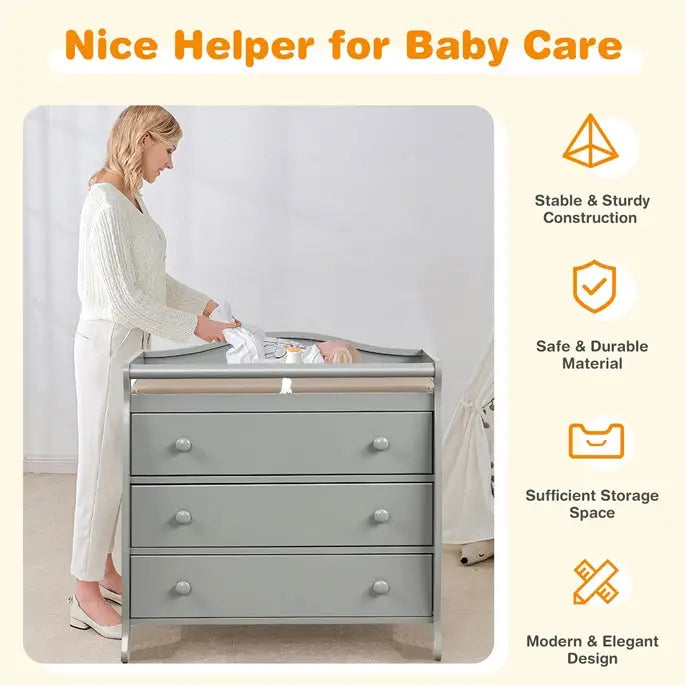 Baby Changing Table Infant Diaper with 3 Drawers and Safety Belt-Gray - Gray - Changing Tables