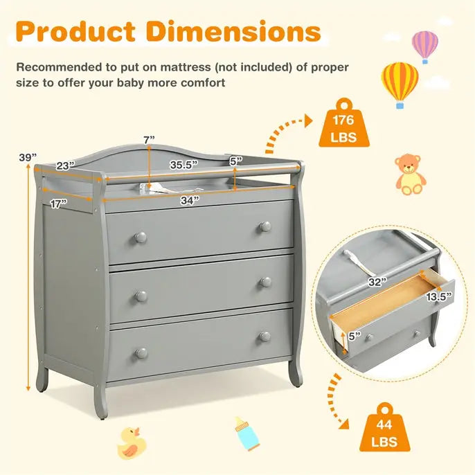 Baby Changing Table Infant Diaper with 3 Drawers and Safety Belt-Gray - Gray - Changing Tables