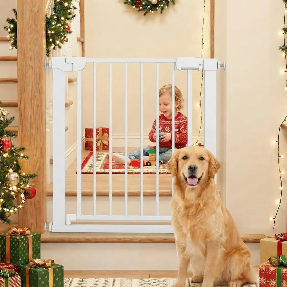 Baby Gate for Stairs Pressure Mounted Auto-Close Door Gate-White - White - Pet Gate
