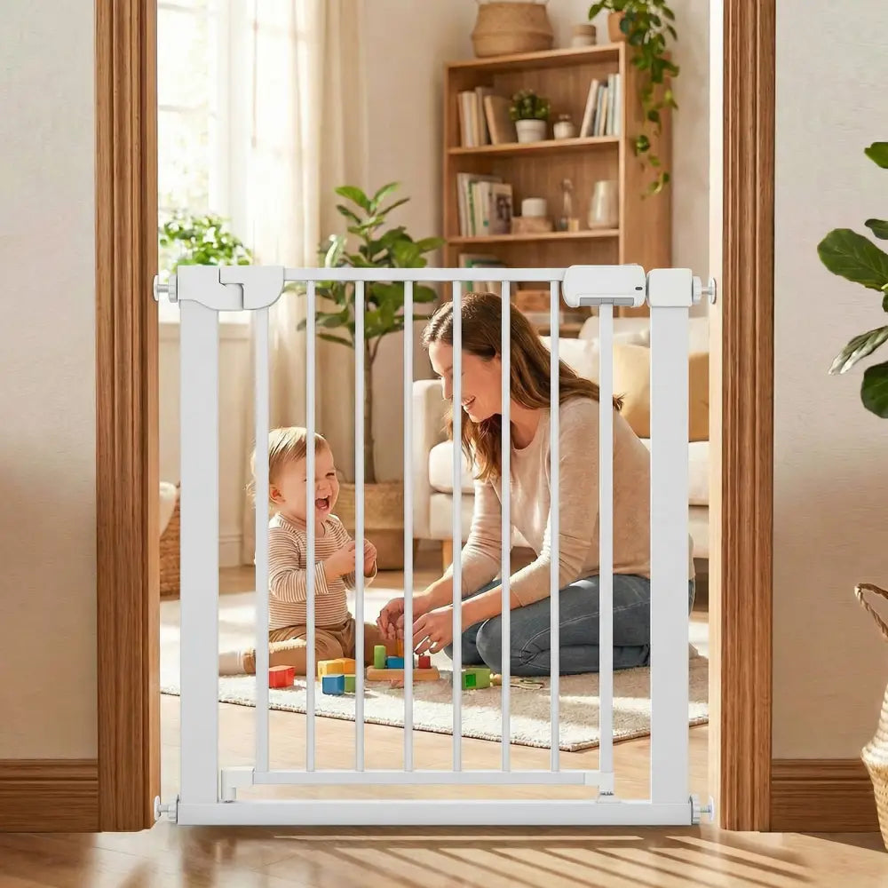Baby Gate for Stairs Pressure Mounted Auto-Close Door Gate-White - White - Pet Gate