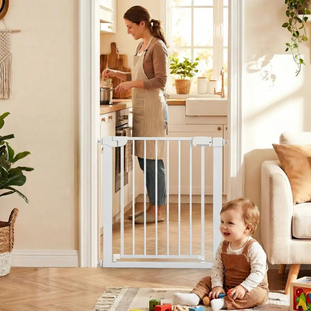 Baby Gate for Stairs Pressure Mounted Auto-Close Door Gate-White - White - Pet Gate