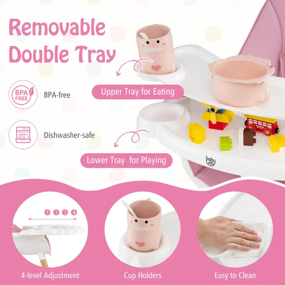 Baby High Chair with Dishwasher Safe Tray-Pink - Pink - High Chairs