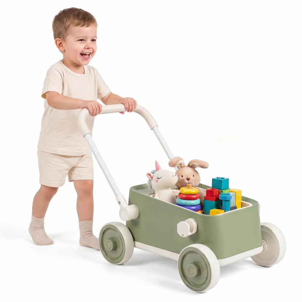 Baby Push Walker with Wheels and Foldable Handlebar and Storage Basket-Green - Green - Baby Activity