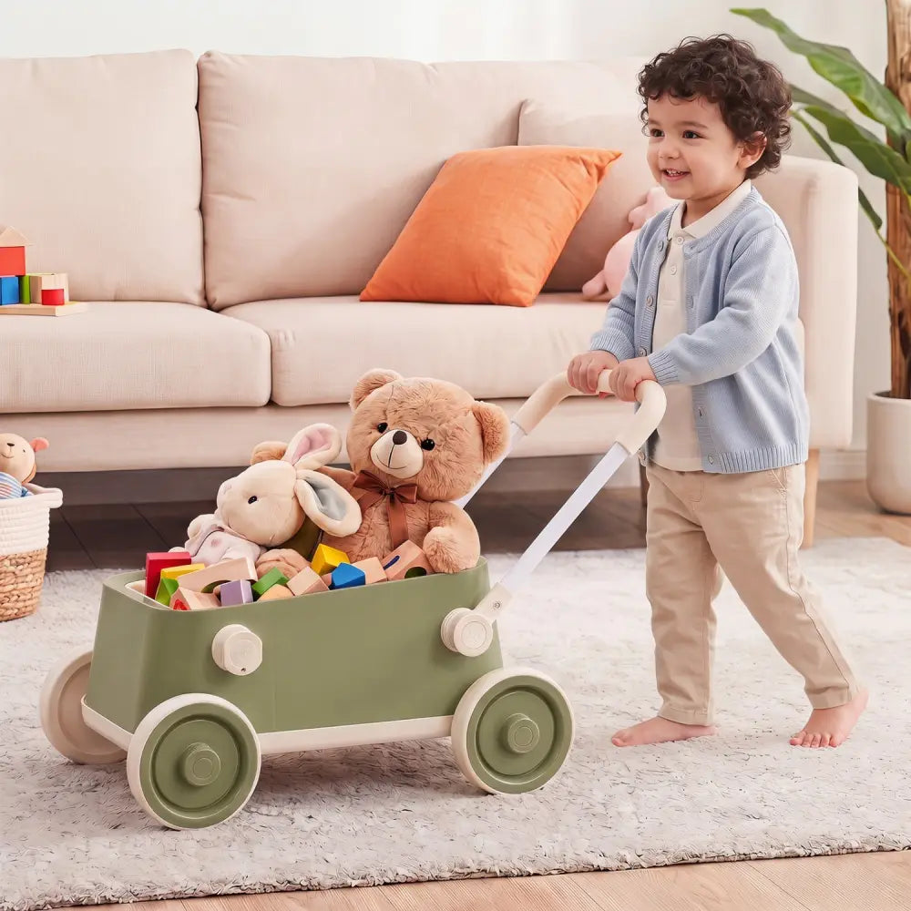 Baby Push Walker with Wheels and Foldable Handlebar and Storage Basket-Green - Green - Baby Activity