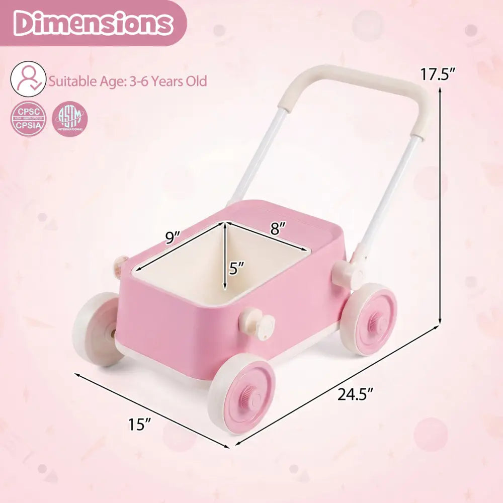 Baby Push Walker with Wheels and Foldable Handlebar and Storage Basket-Pink - Pink - Baby Activity