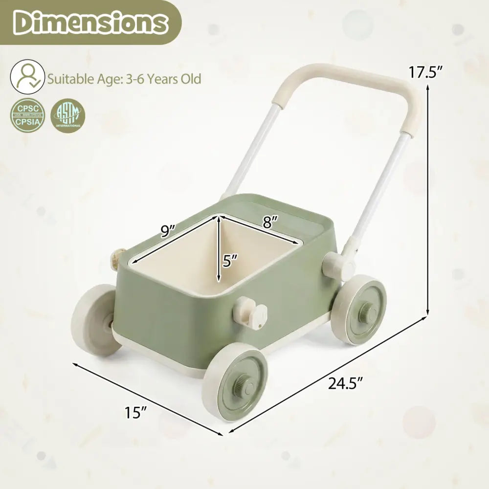 Baby Push Walker with Wheels and Foldable Handlebar and Storage Basket-Green - Green - Baby Activity