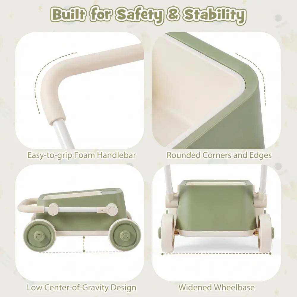 Baby Push Walker with Wheels and Foldable Handlebar and Storage Basket-Green - Green - Baby Activity