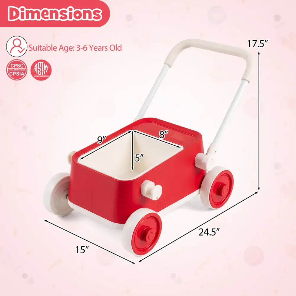 Baby Push Walker with Wheels and Foldable Handlebar and Storage Basket-Red - Red - Baby Activity
