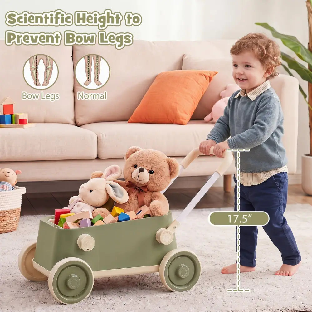Baby Push Walker with Wheels and Foldable Handlebar and Storage Basket-Green - Green - Baby Activity