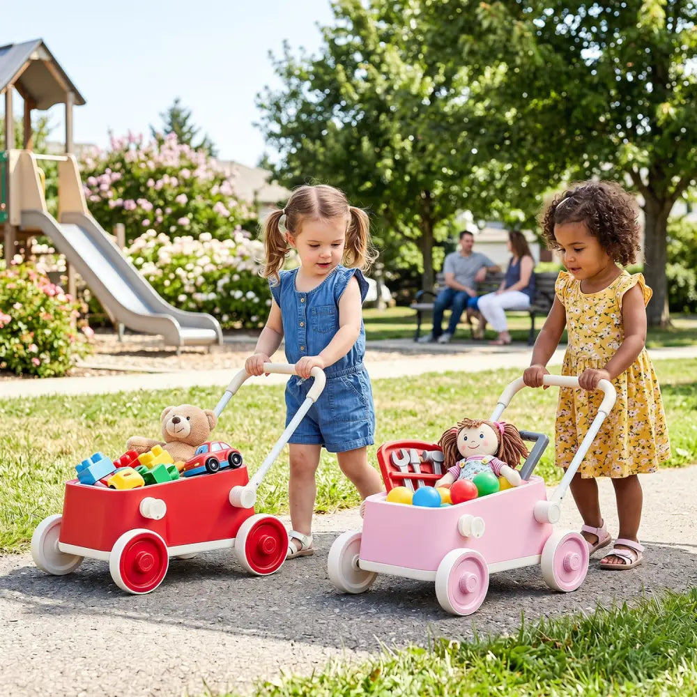 Baby Push Walker with Wheels and Foldable Handlebar and Storage Basket-Pink - Pink - Baby Activity
