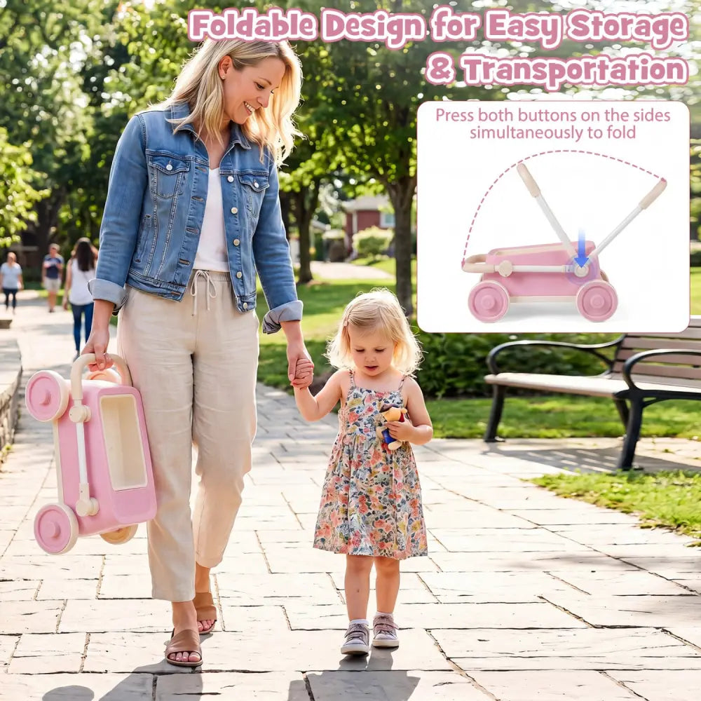 Baby Push Walker with Wheels and Foldable Handlebar and Storage Basket-Pink - Pink - Baby Activity