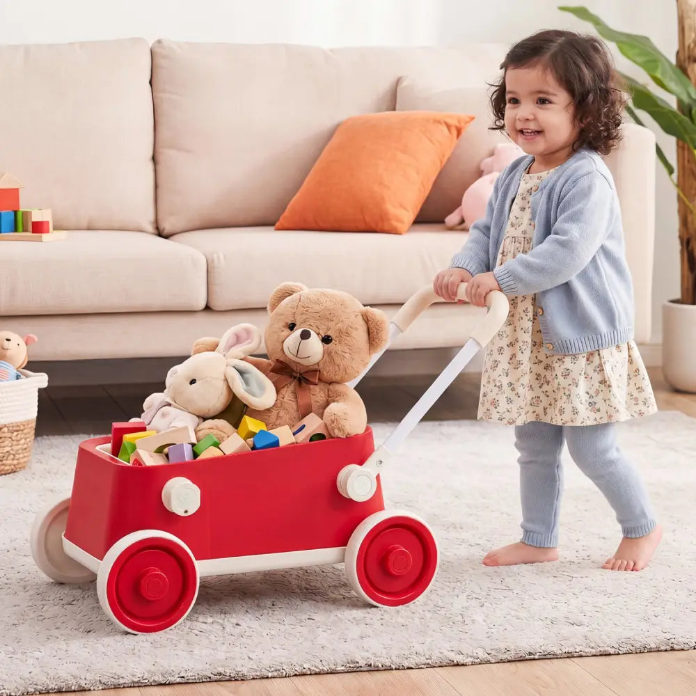 Baby Push Walker with Wheels and Foldable Handlebar and Storage Basket-Red - Red - Baby Activity