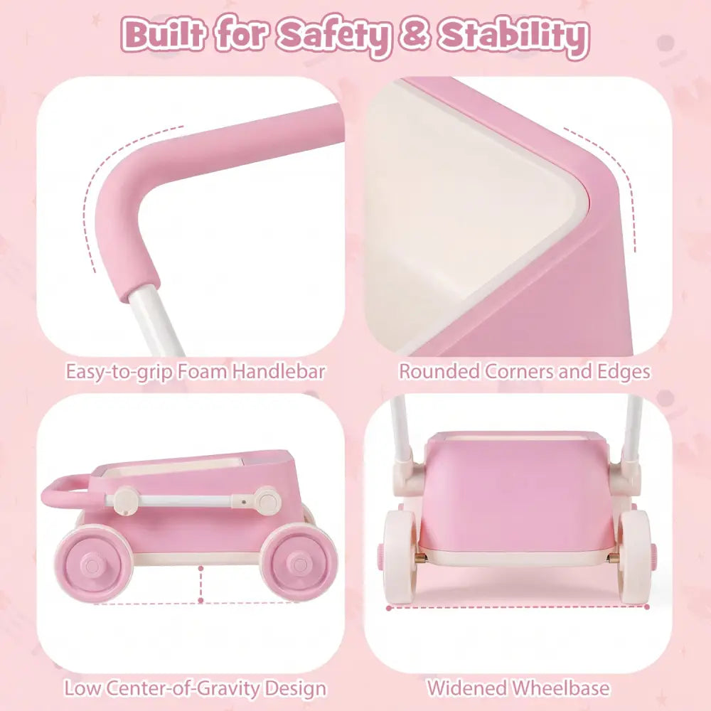 Baby Push Walker with Wheels and Foldable Handlebar and Storage Basket-Pink - Pink - Baby Activity