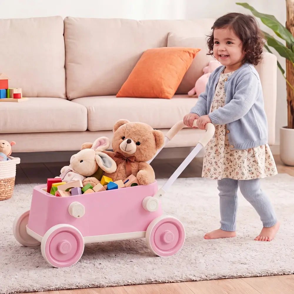 Baby Push Walker with Wheels and Foldable Handlebar and Storage Basket-Pink - Pink - Baby Activity