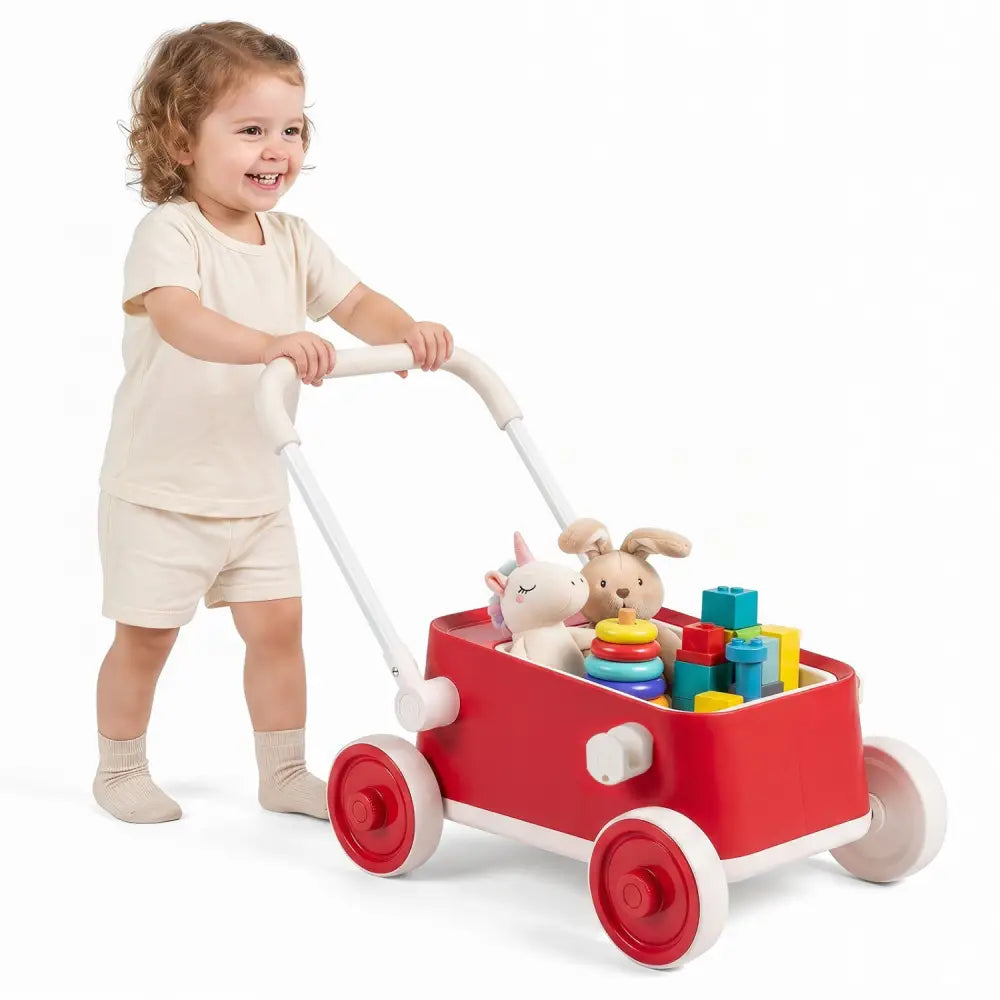 Baby Push Walker with Wheels and Foldable Handlebar and Storage Basket-Red - Red - Baby Activity