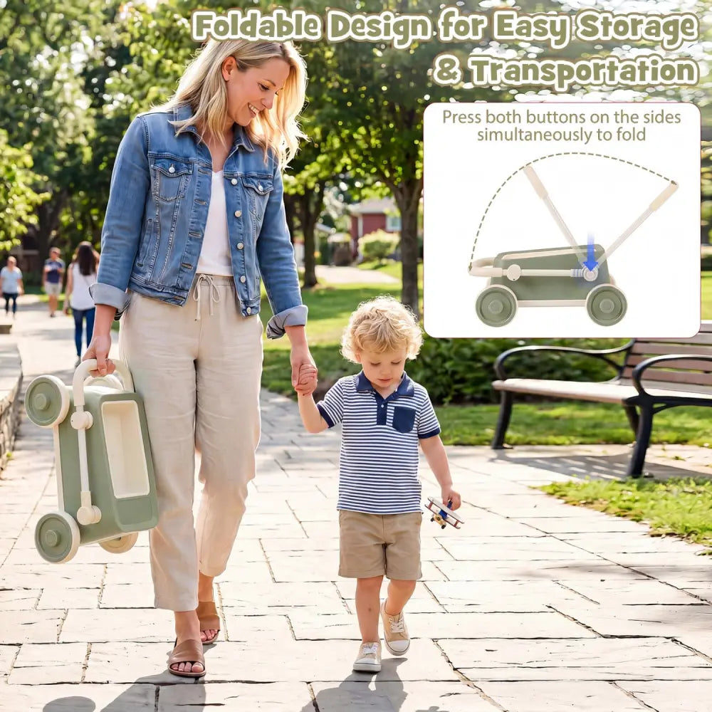 Baby Push Walker with Wheels and Foldable Handlebar and Storage Basket-Green - Green - Baby Activity