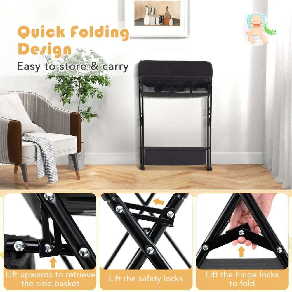 Baby Storage Folding Diaper Changing Table-Black - Black - Changing Tables