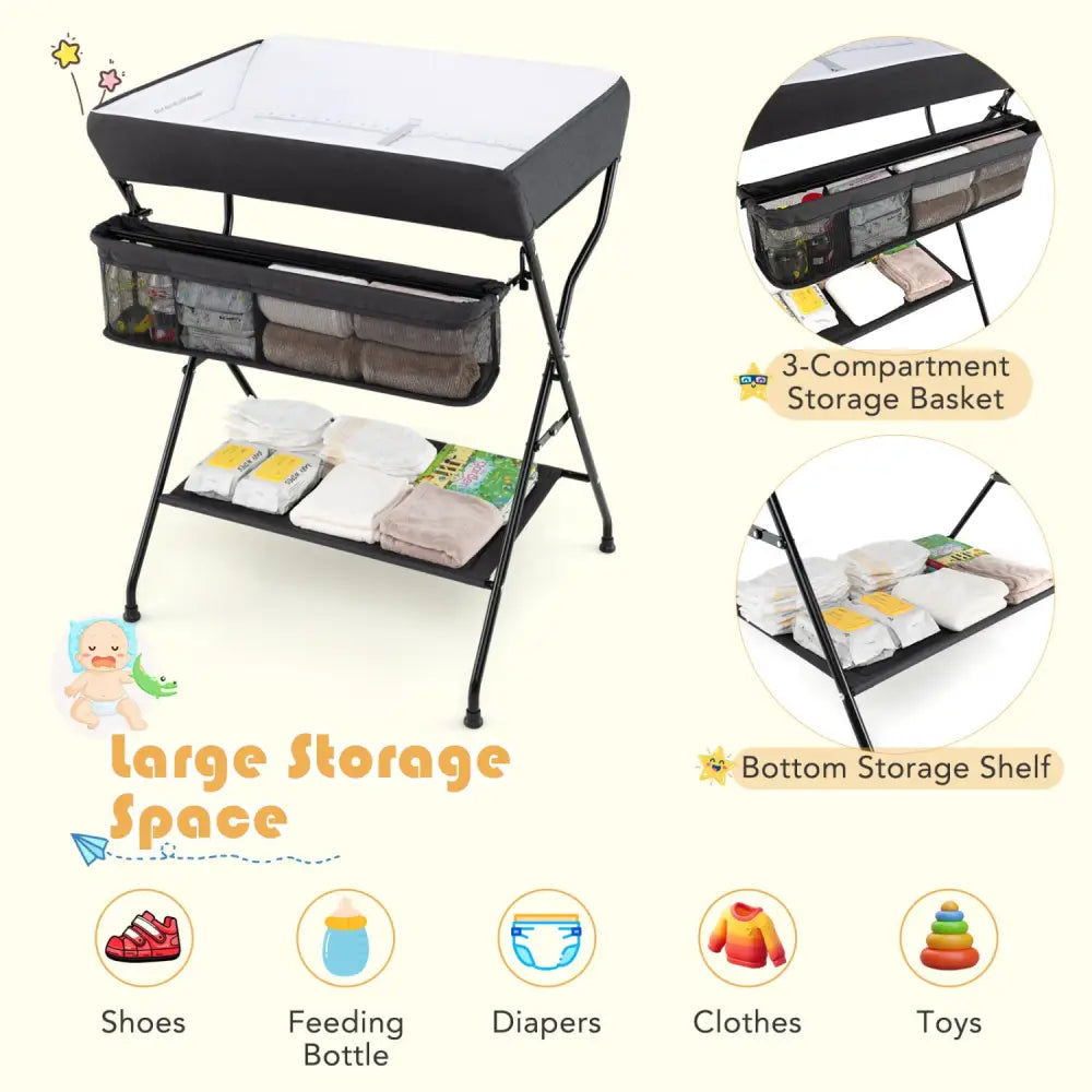 Baby Storage Folding Diaper Changing Table-Black - Black - Changing Tables