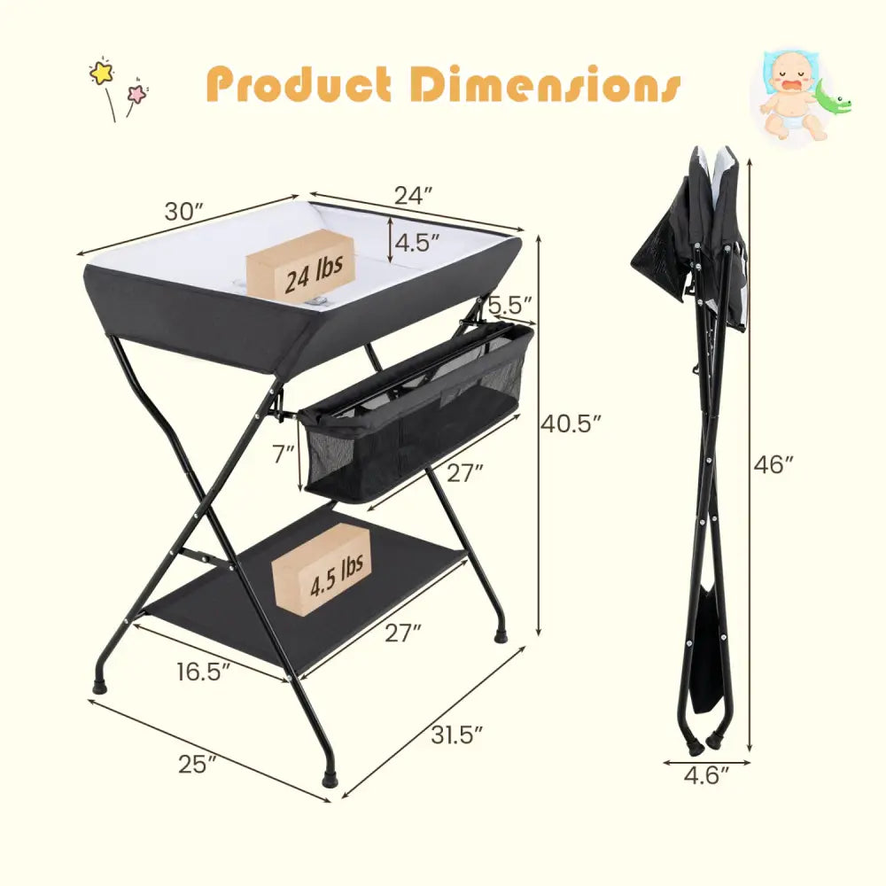 Baby Storage Folding Diaper Changing Table-Black - Black - Changing Tables