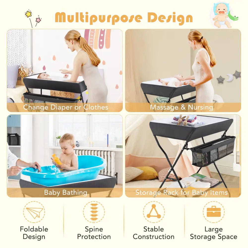 Baby Storage Folding Diaper Changing Table-Black - Black - Changing Tables