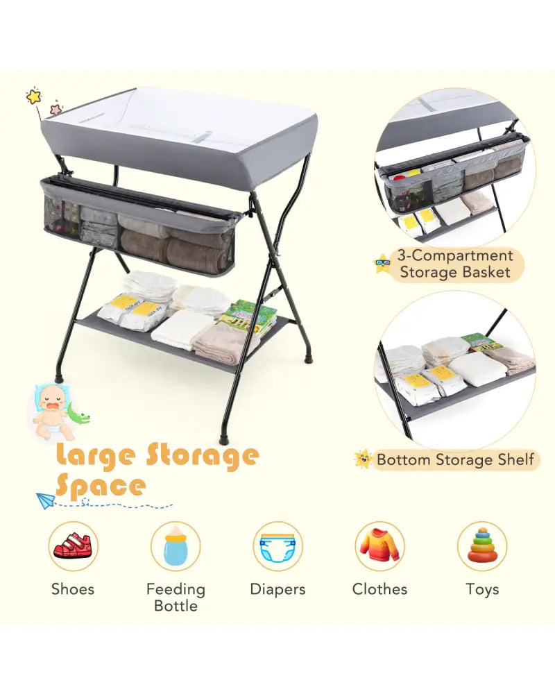 Baby Storage Folding Diaper Changing Table-Gray - Gray - Changing Tables