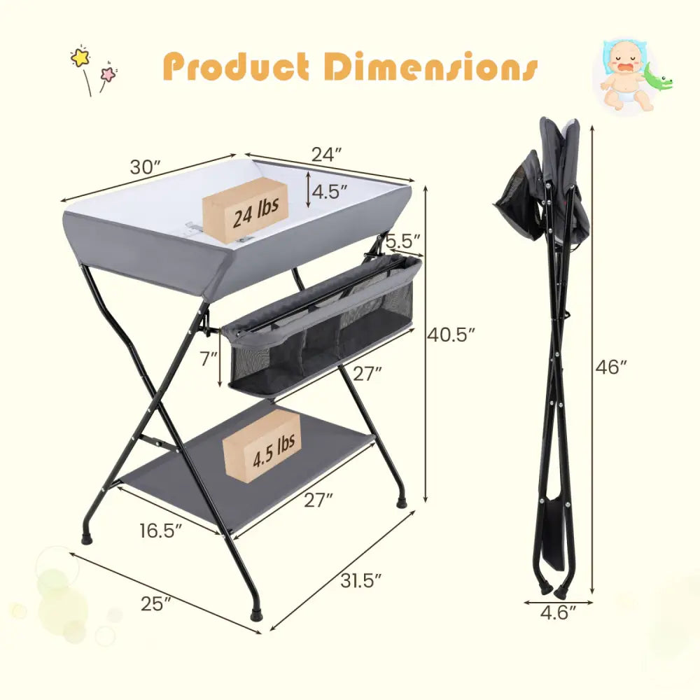 Baby Storage Folding Diaper Changing Table-Gray - Gray - Changing Tables