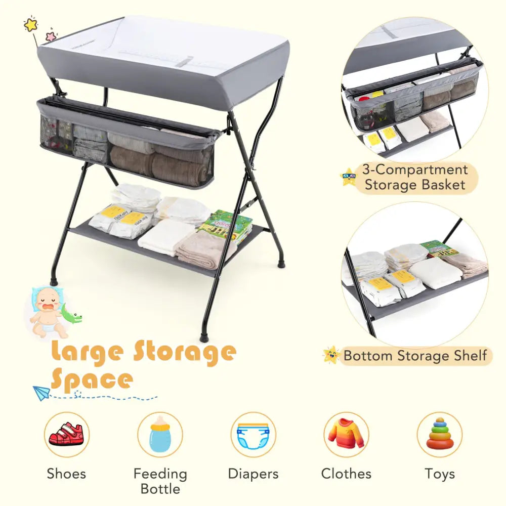 Baby Storage Folding Diaper Changing Table-Gray - Gray - Changing Tables