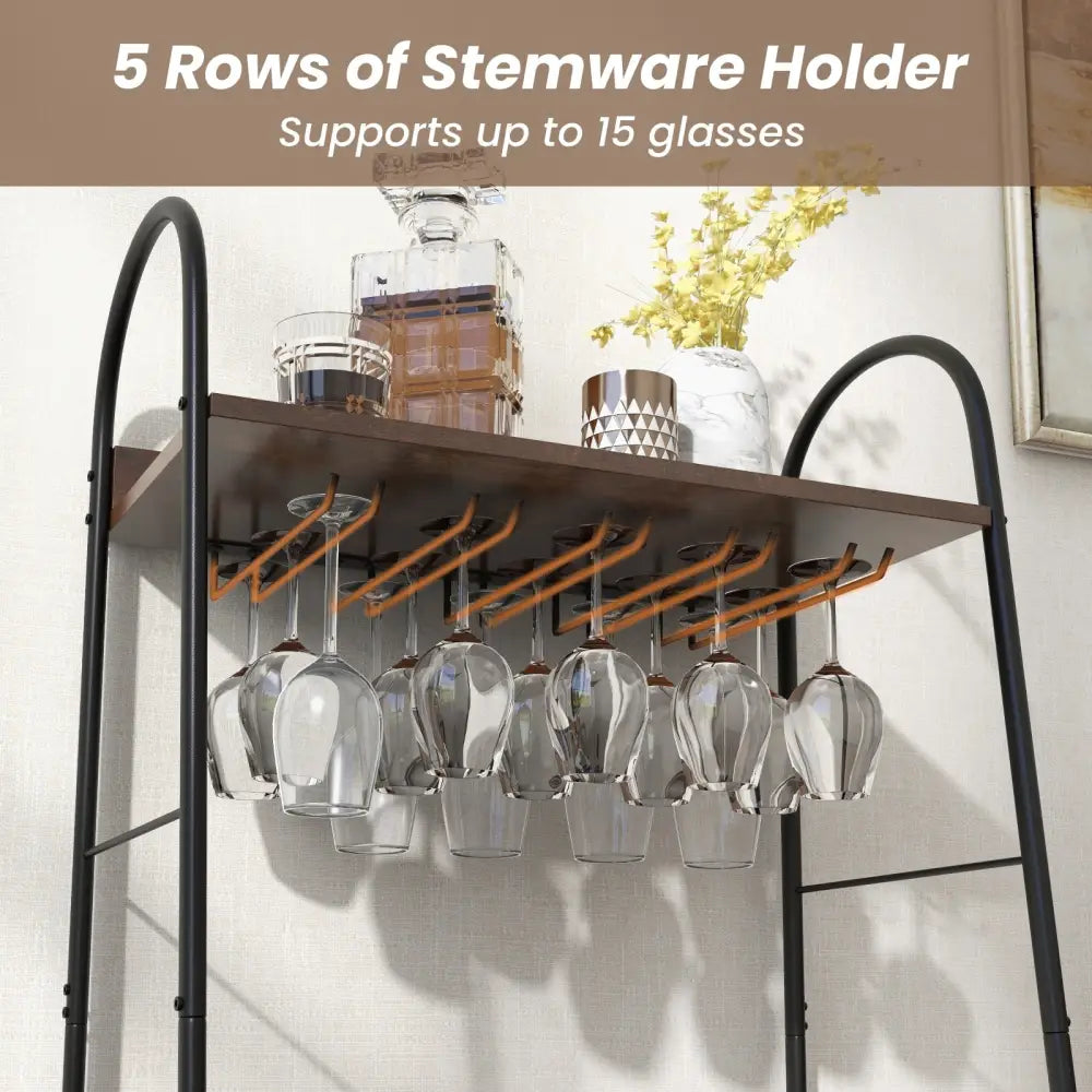 Baker’s Rack with Detachable Wine Rack and 5 Rows of Stemware Holder-Rustic Brown - Rustic Brown - Wine Racks