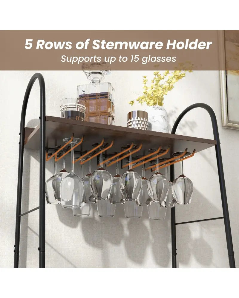Baker’s Rack with Detachable Wine Rack and 5 Rows of Stemware Holder-Rustic Brown - Rustic Brown - Wine Racks