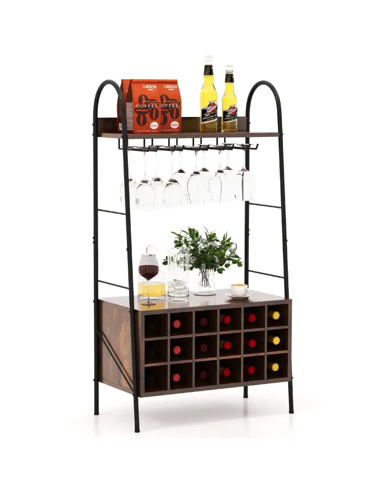 Baker’s Rack with Detachable Wine Rack and 5 Rows of Stemware Holder-Rustic Brown - Rustic Brown - Wine Racks