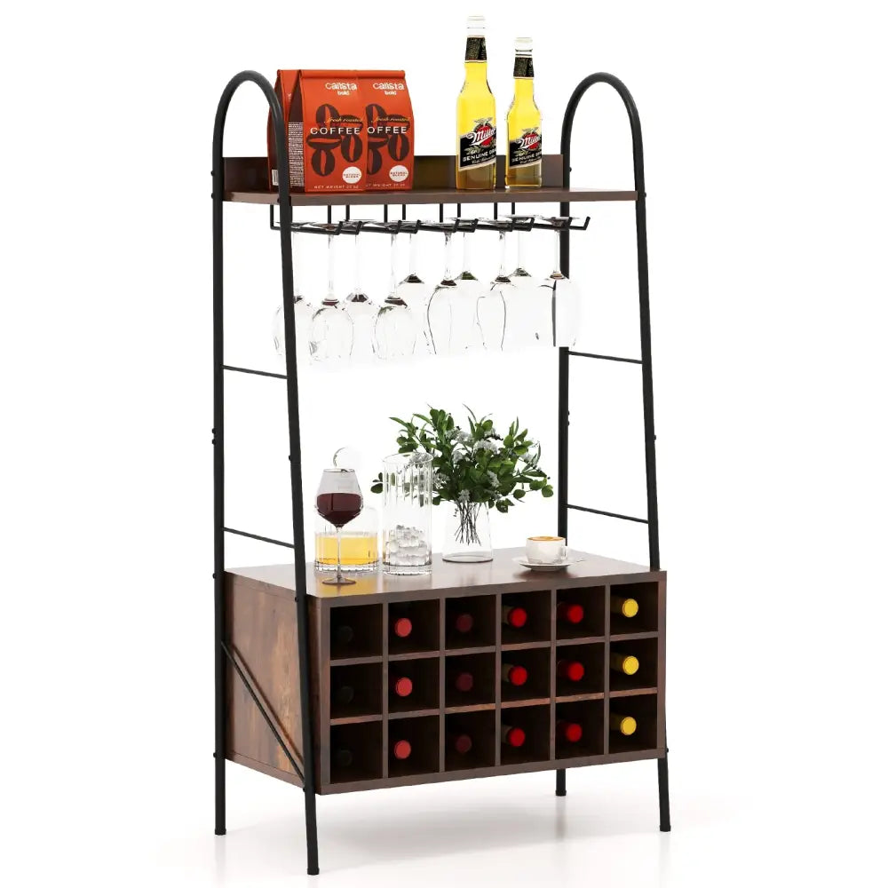 Baker’s Rack with Detachable Wine Rack and 5 Rows of Stemware Holder-Rustic Brown - Rustic Brown - Wine Racks