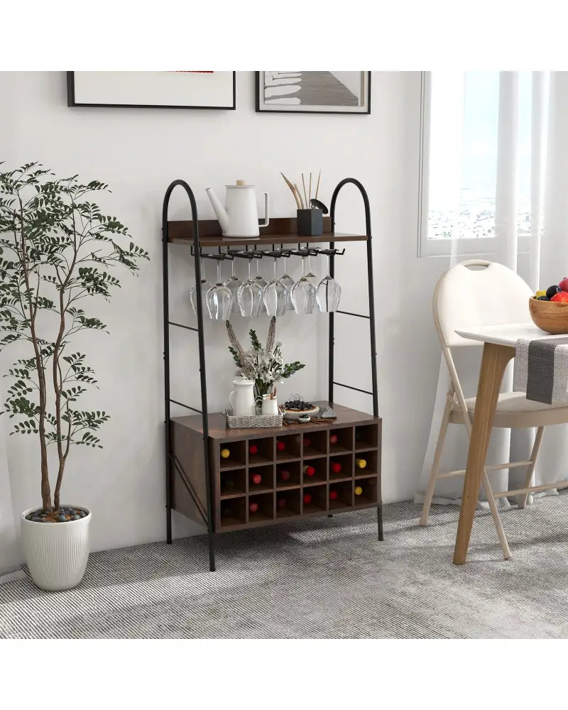 Baker’s Rack with Detachable Wine Rack and 5 Rows of Stemware Holder-Rustic Brown - Rustic Brown - Wine Racks