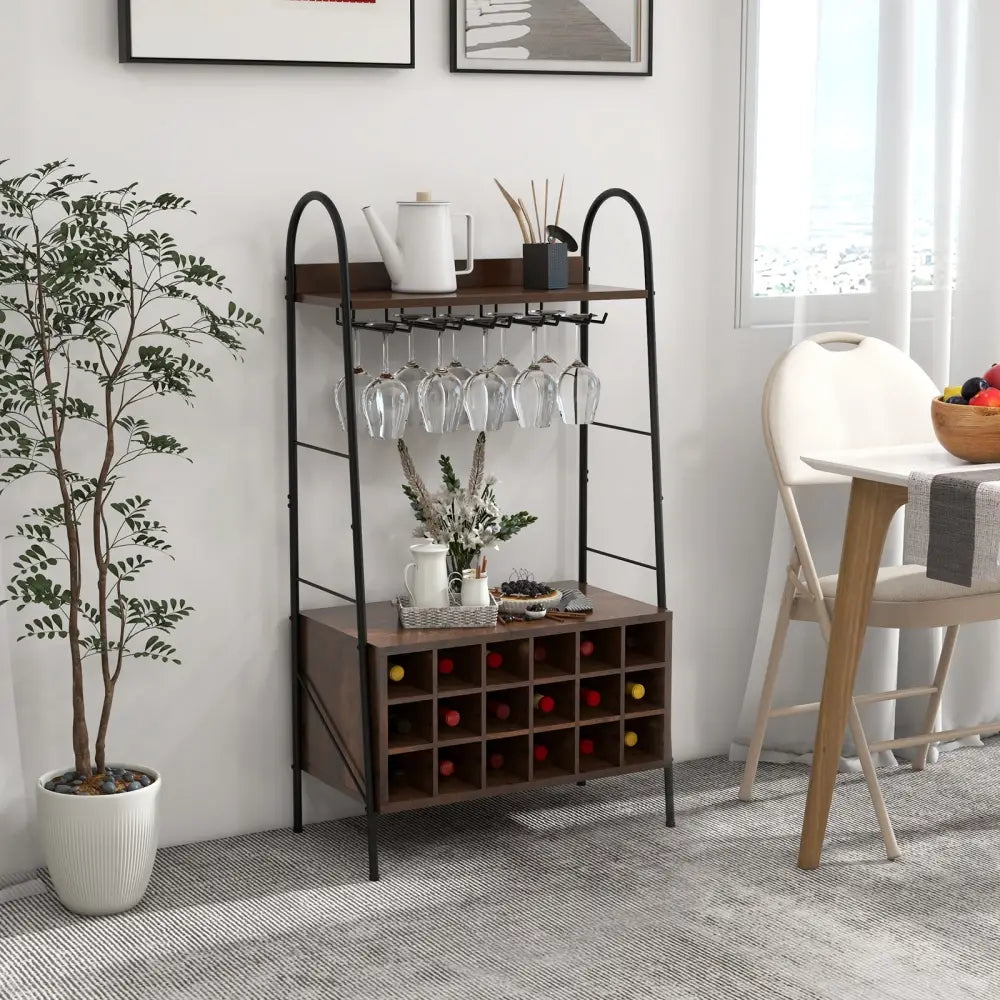Baker’s Rack with Detachable Wine Rack and 5 Rows of Stemware Holder-Rustic Brown - Rustic Brown - Wine Racks