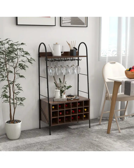 Baker’s Rack with Detachable Wine Rack and 5 Rows of Stemware Holder-Rustic Brown - Rustic Brown - Wine Racks