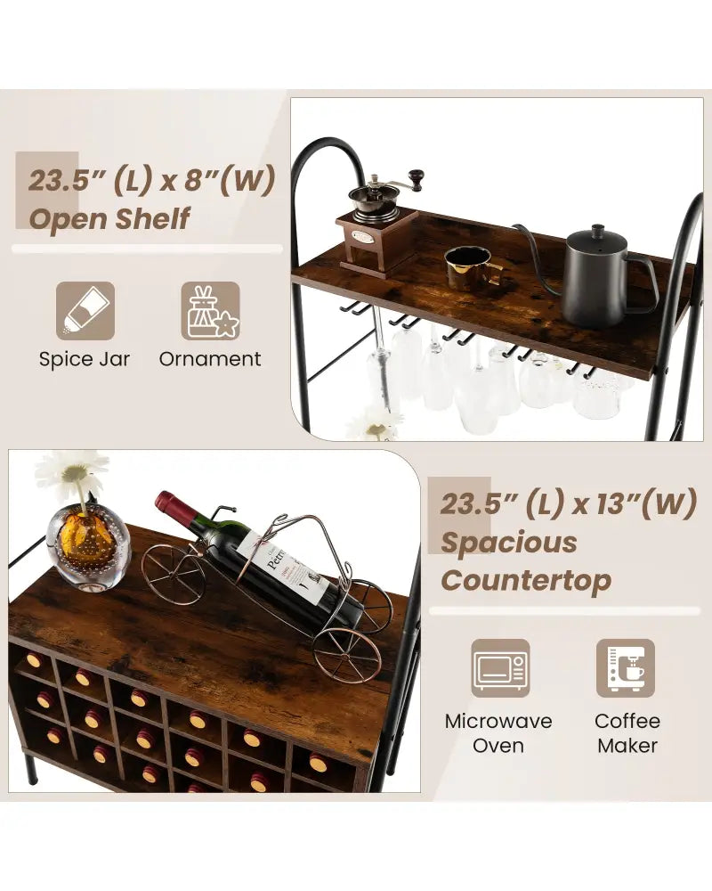 Baker’s Rack with Detachable Wine Rack and 5 Rows of Stemware Holder-Rustic Brown - Rustic Brown - Wine Racks