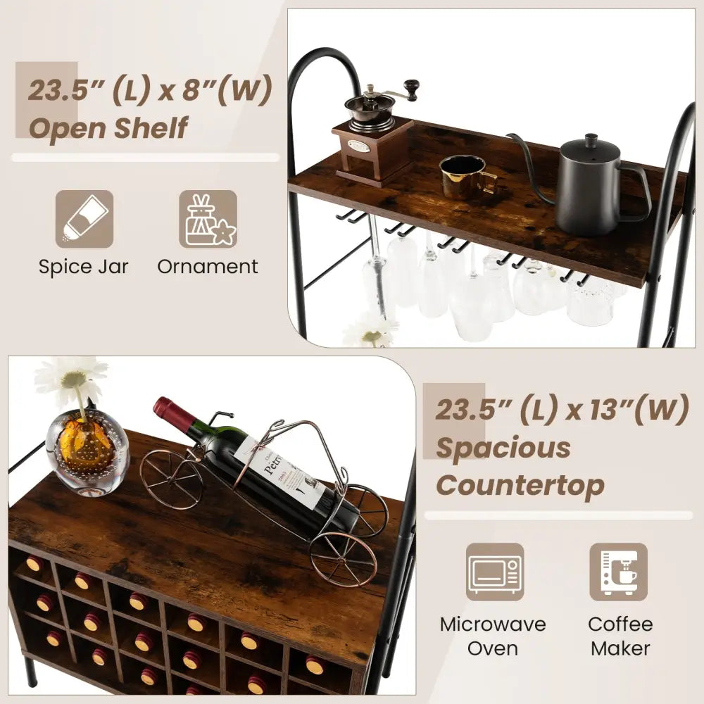 Baker’s Rack with Detachable Wine Rack and 5 Rows of Stemware Holder-Rustic Brown - Rustic Brown - Wine Racks