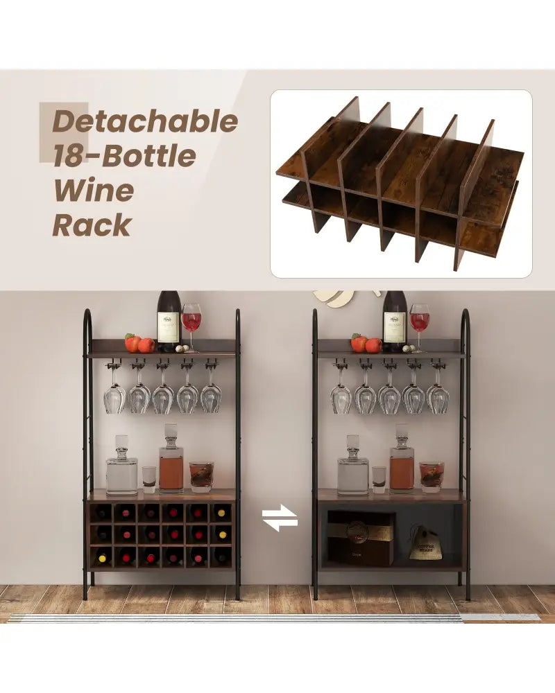 Baker’s Rack with Detachable Wine Rack and 5 Rows of Stemware Holder-Rustic Brown - Rustic Brown - Wine Racks