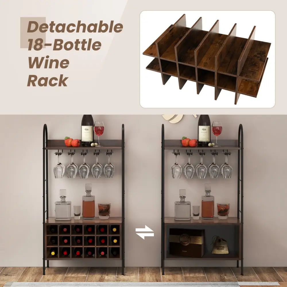 Baker’s Rack with Detachable Wine Rack and 5 Rows of Stemware Holder-Rustic Brown - Rustic Brown - Wine Racks