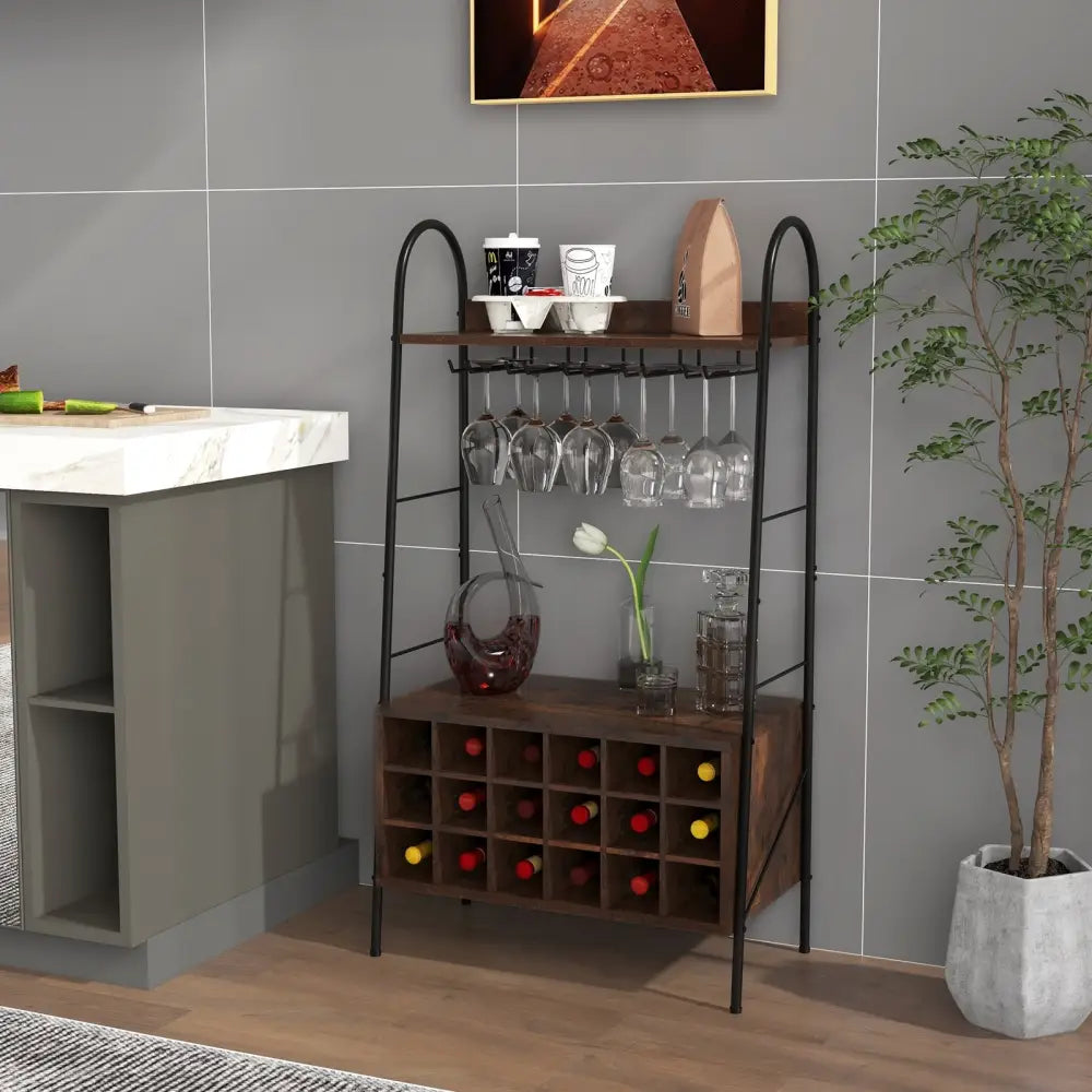 Baker’s Rack with Detachable Wine Rack and 5 Rows of Stemware Holder-Rustic Brown - Rustic Brown - Wine Racks