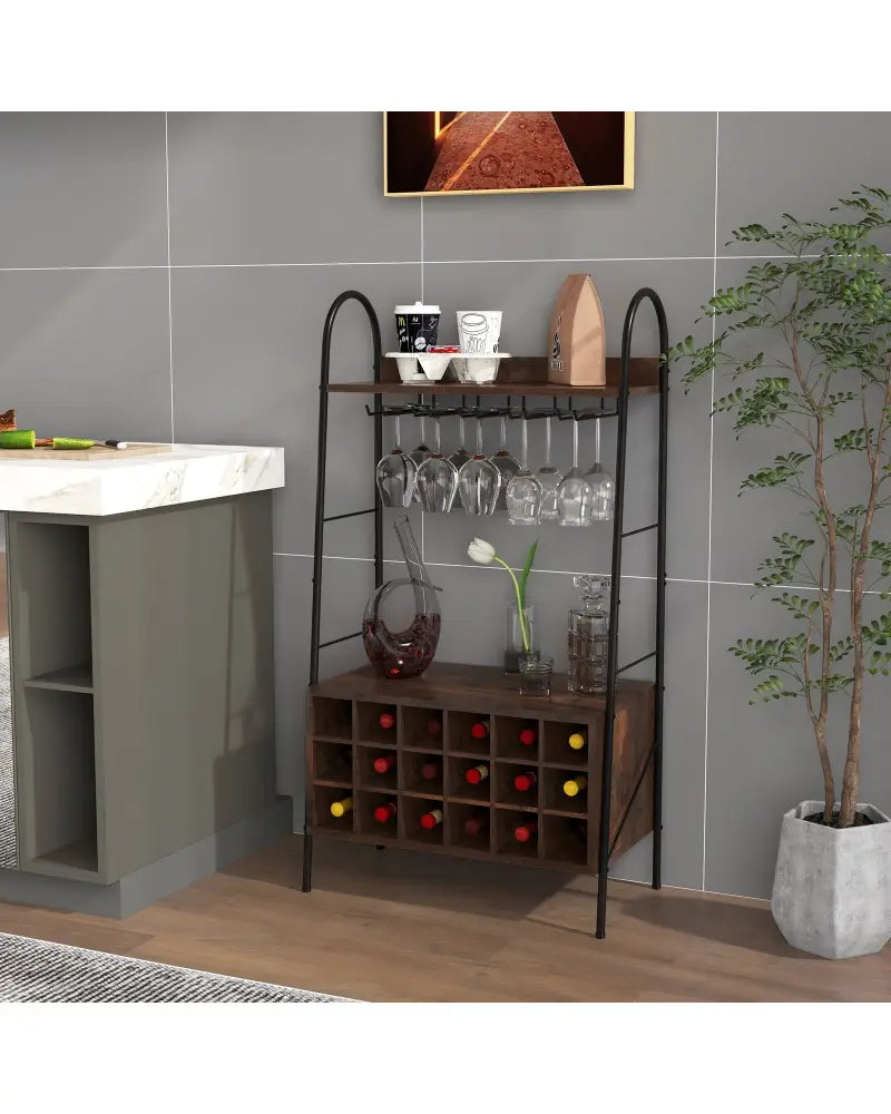 Baker’s Rack with Detachable Wine Rack and 5 Rows of Stemware Holder-Rustic Brown - Rustic Brown - Wine Racks