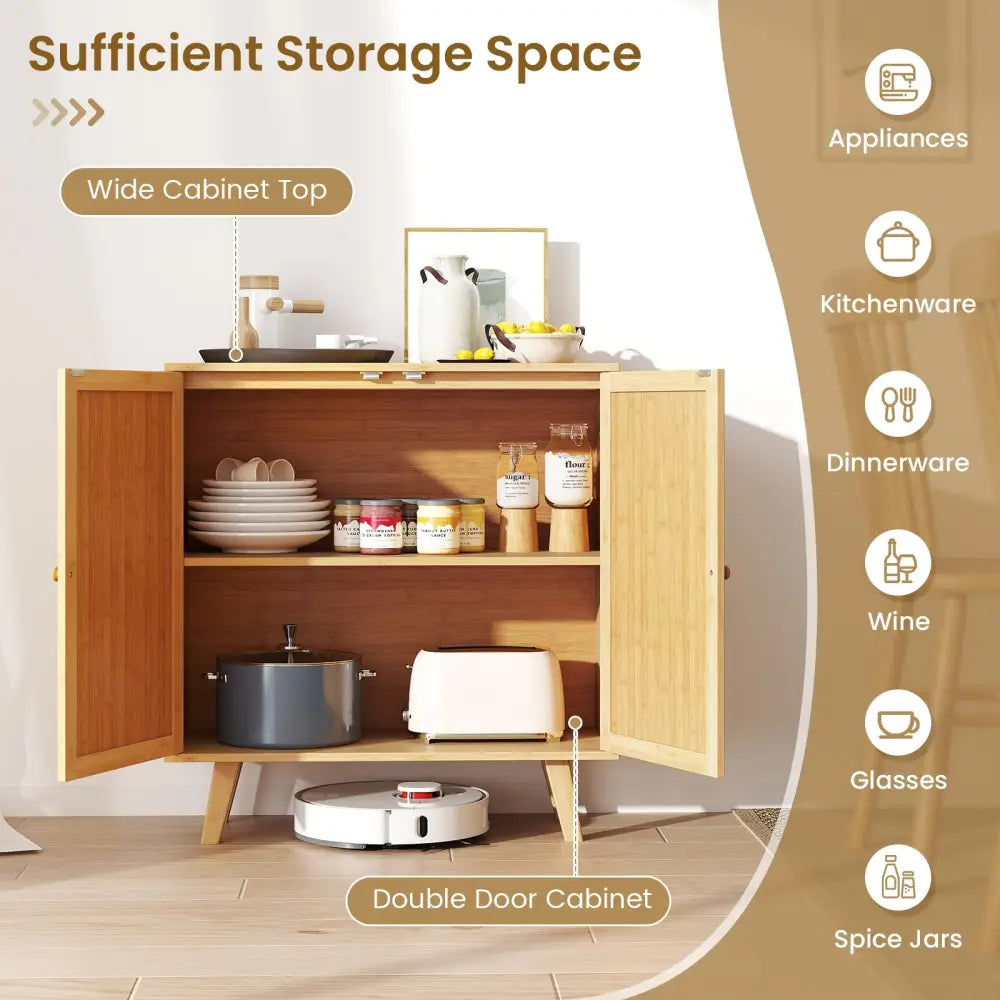 Bamboo Buffet Storage Cabinet with PE Rattan Doors and Freestanding Kitchen Cupboard-Natural - Natural - Cabinets &